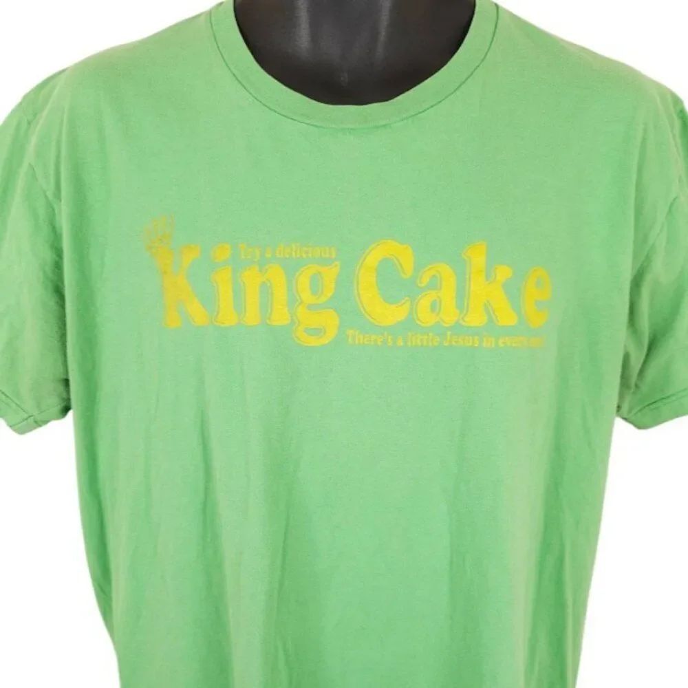 King Cake T Shirt Mens Size XL Green A Little Jesus In Each One Made In USA